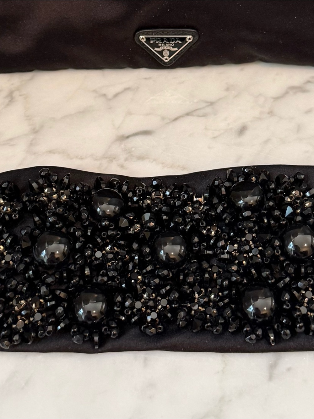 Prada Black Beaded Satin Headband with Elastic Back